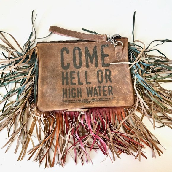 Junk Gypsy Lane Boots Brown Leather Clutch Purse Wristlet Fringe 10 x 7.5 Texas - Picture 5 of 7